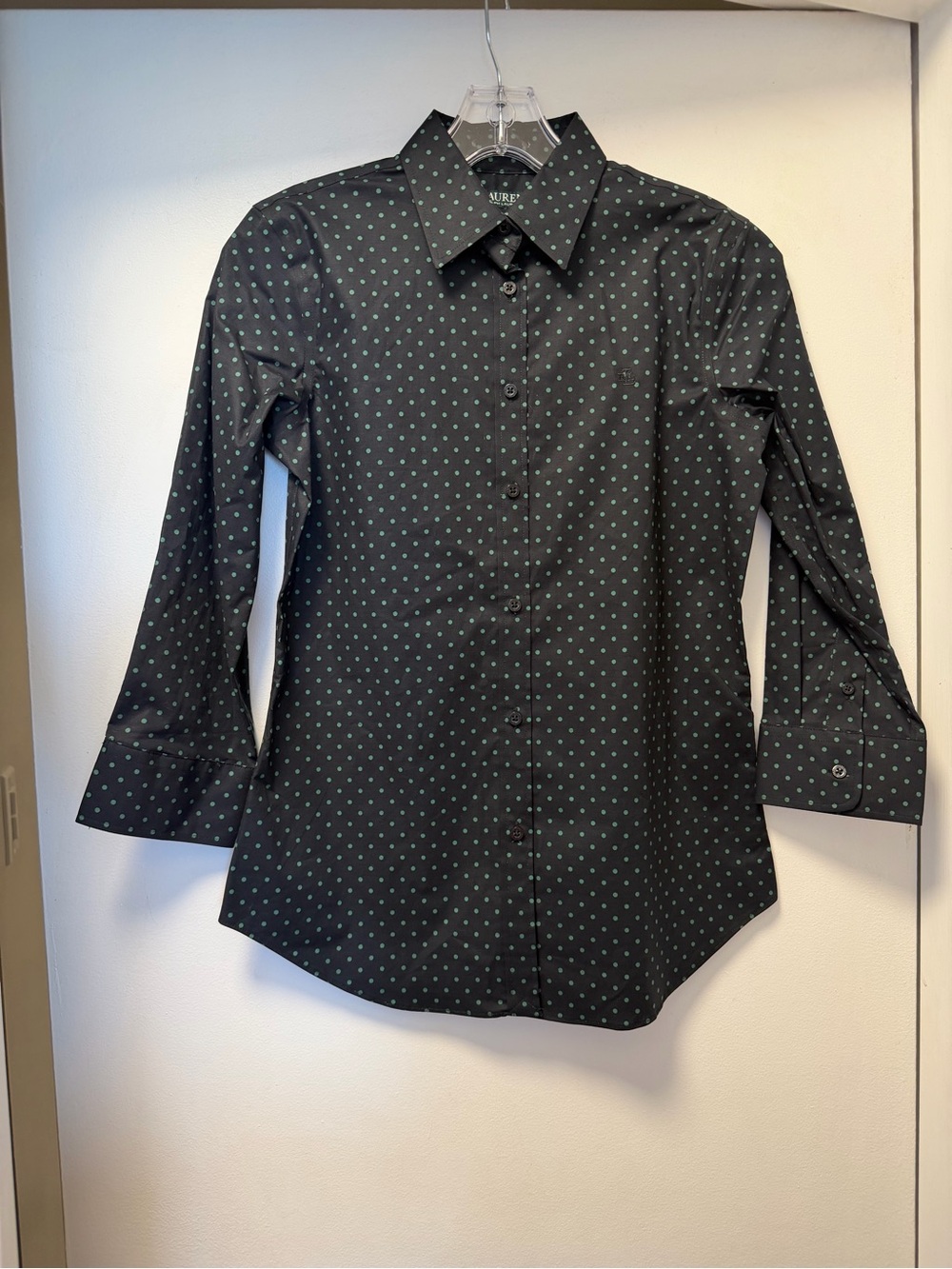 Lauren Ralph Lauren Black Green Polka Dot Stretch Non-Iron Button Down Shirt XS